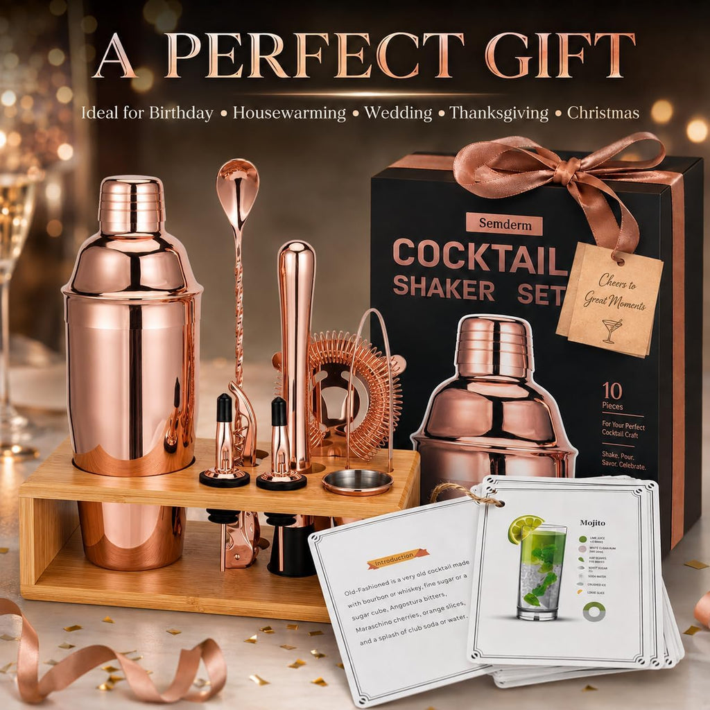 Rose Gold Cocktail Shaker Set, Premium 18/8 Stainless Steel Mixology Bartender Kit with Stylish Bamboo Stand 10-Piece - Set of 10