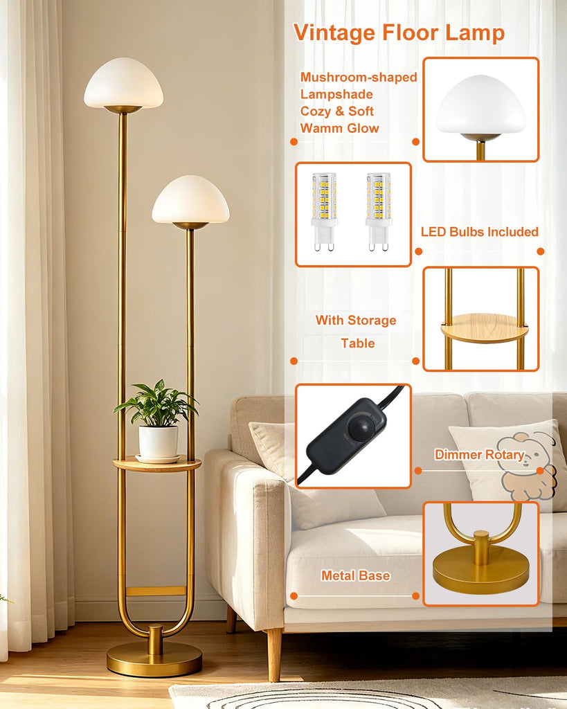 Mushroom Floor Lamp with Shelf 2-Lights Modern Dimmable Floor Lamps