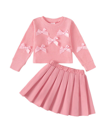 Little Girls Fall Winter Outfits Skirt Set Old Girl Gifts Long Sleeve Pink Bow Knit Sweater Round Neck