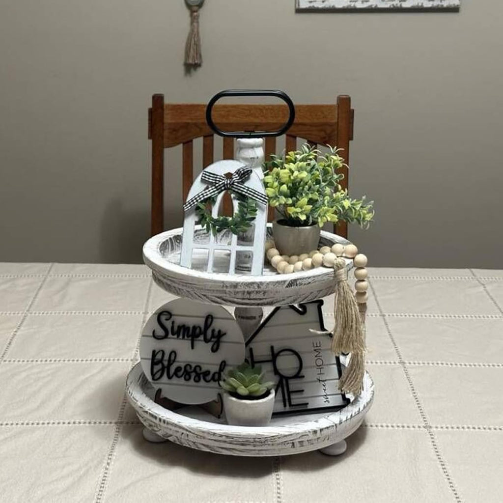 Rustic Farmhouse Tiered Tray Set with Succulent & Plant - Home Decor s (Set of 8 Without Trays)