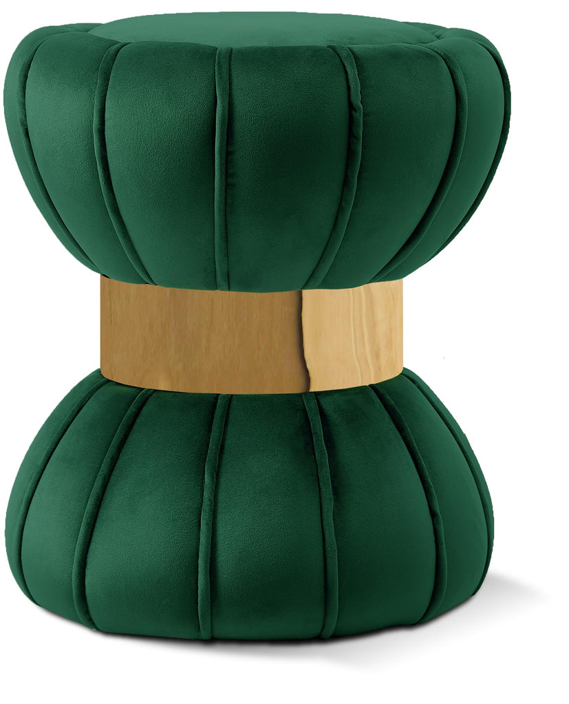Vino Collection Modern | Contemporary Velvet Upholstered Hourglass Shaped Ottoman/Stool with Gold Finished Stainless