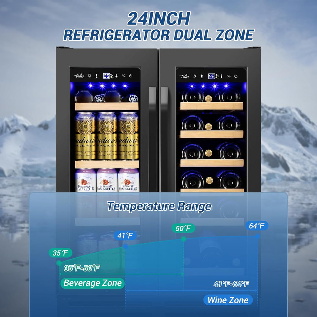 Wine and Beverage Refrigerator Black, 24 Inch Beverage Cooler Under Counter Dual