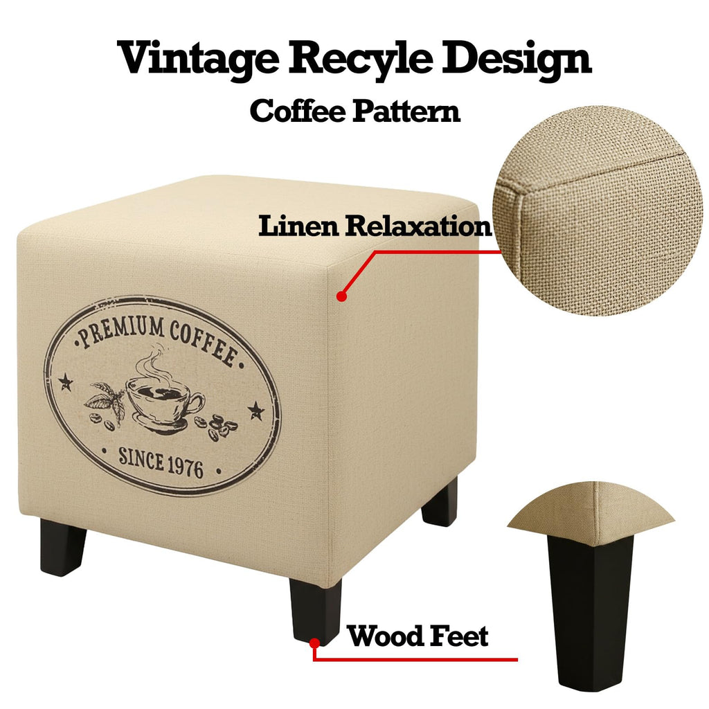 14" Vintage Coffee Linen Ottoman, Footstool
