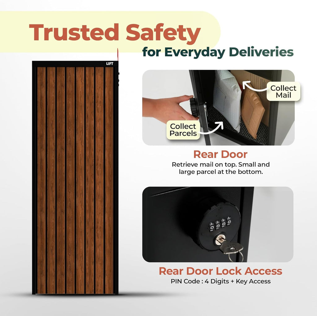 Aspen USPS Compatible Mailbox, Classic Black/Oak Package Mailbox, Anti-Theft Locking Parcel Drop Box Packages