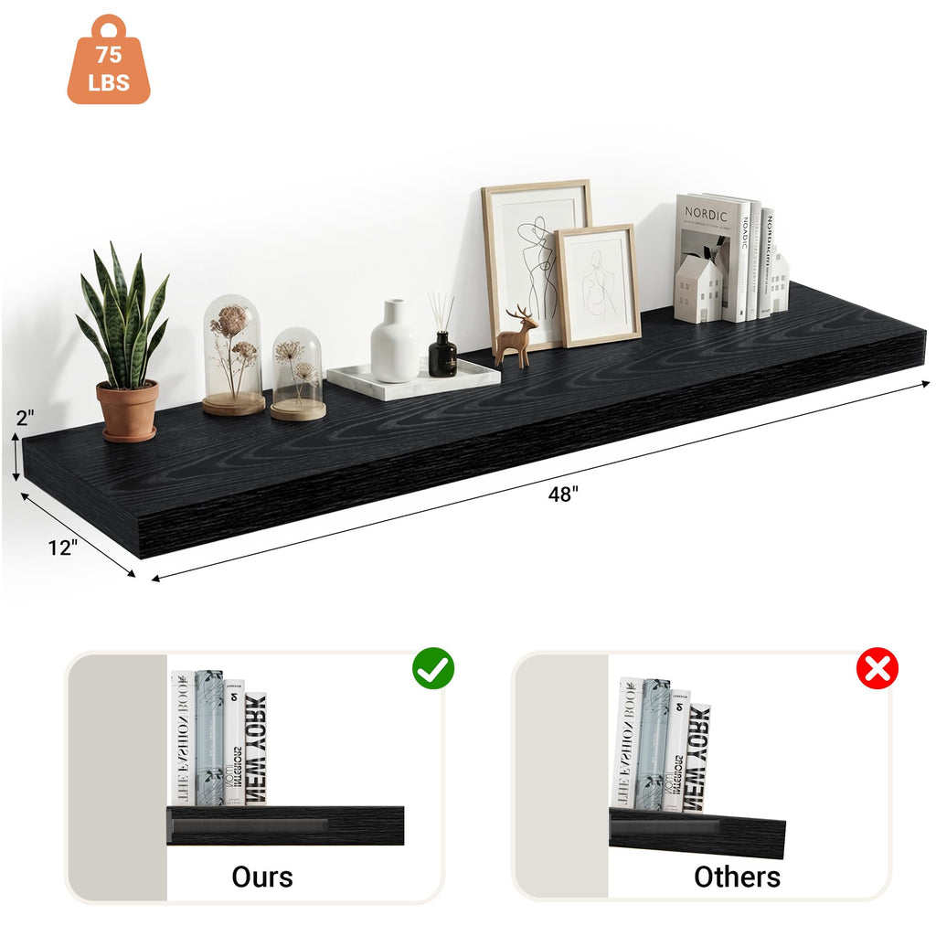 48 x 12 Deep Floating Shelves Wall Mounted Set of 1 Black