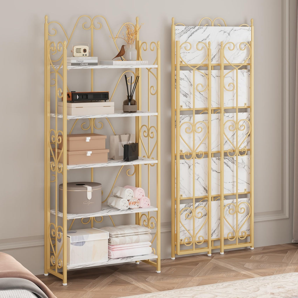 5 Tier Folding Bookshelf, Industrial Storage Shelves, No Assembly Vintage Wood Look Bookshelf with Storage Shelves