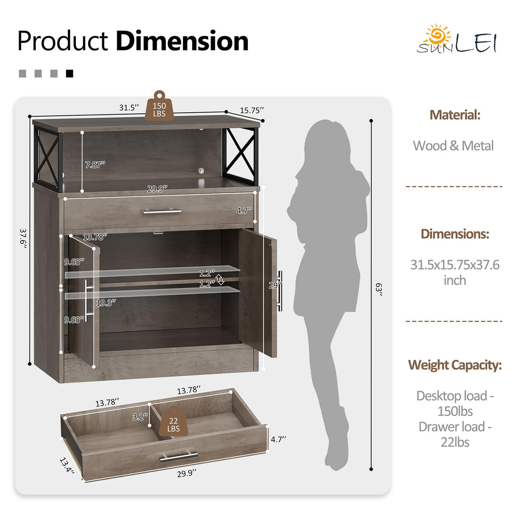 Kitchen Buffet Sideboard Cabinet, Storage Cabinets with 2 Doors and 1 Drawers, Open Storage & Adjustable Shelf