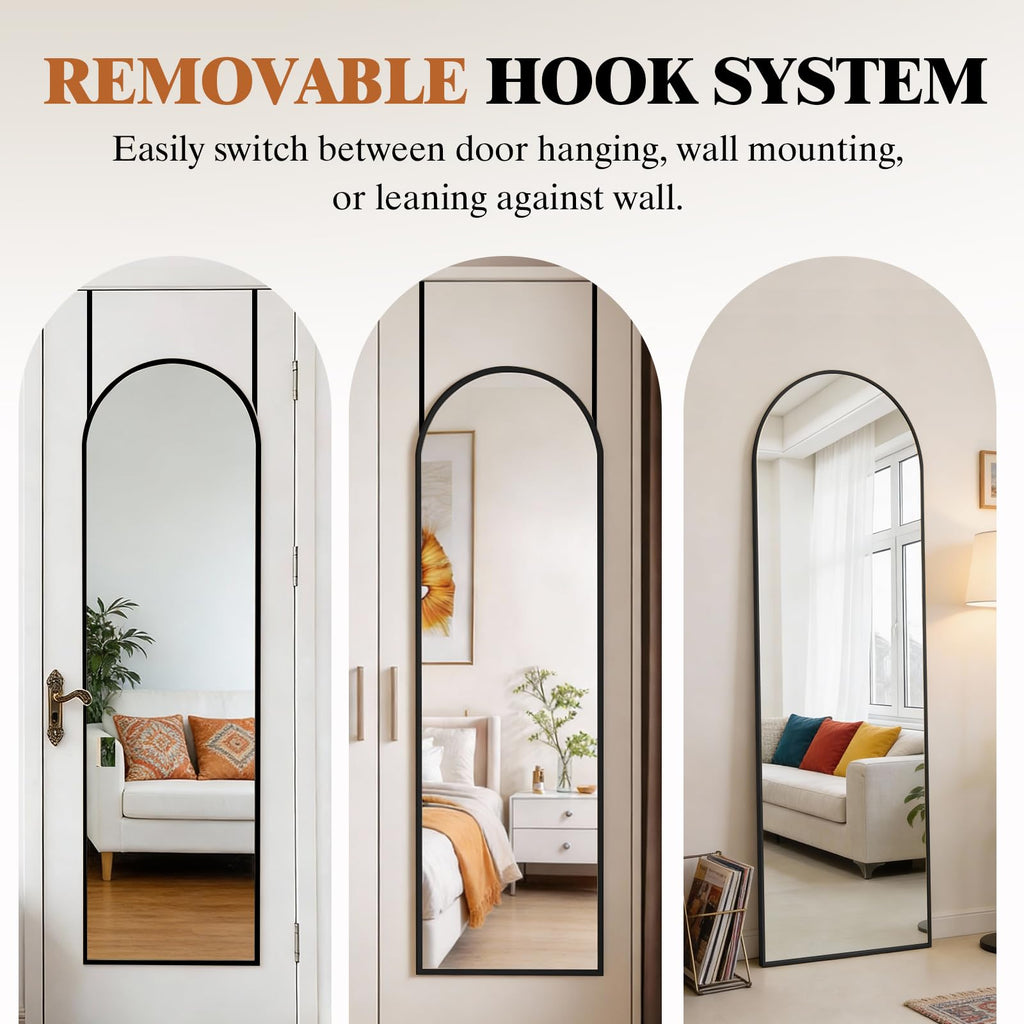 47"x14" Full Length Door Mirror, Arched Full Body Door Mirror, Black