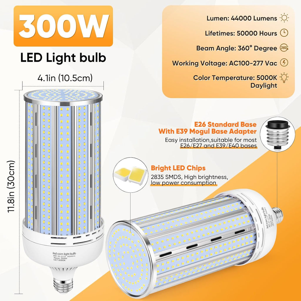2 Pack 300W Corn LED Light Bulb Fanless,5000K Daylight(3000 Watt Equivalent) E26/E39 Large Mogul Base LED Cob Lamp