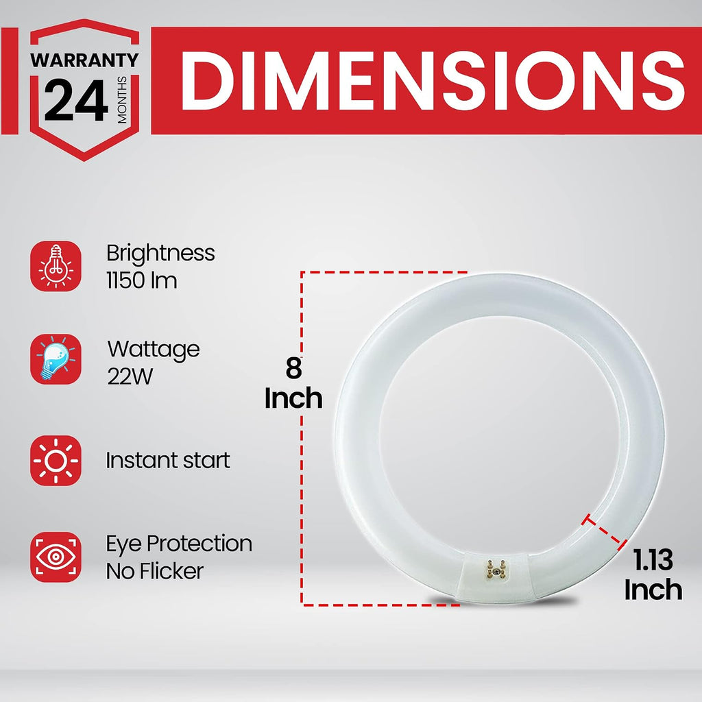 22 Watts 8 Inch Round T9 Fluorescent Circular Light Bulb, Daylight 6500K, FC8T9 980 Lumens G10Q 4-Pin Base