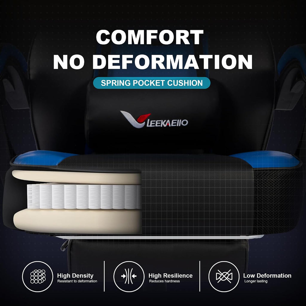 Blue Gaming Chair Big and Tall 400lbs, Ergonomic Office Chair with Pocket Spring Cushion, Retractable Footrest