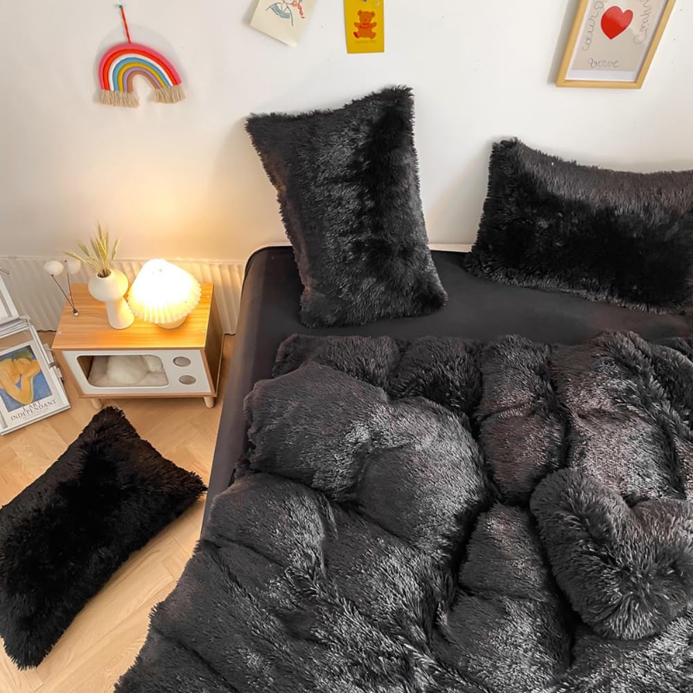 Faux Fur Plush Black Comforter Sets King - Ultra Soft Shaggy Flannel Velvet Fluffy Fuzzy 3PC Bedding Set (Comforter x