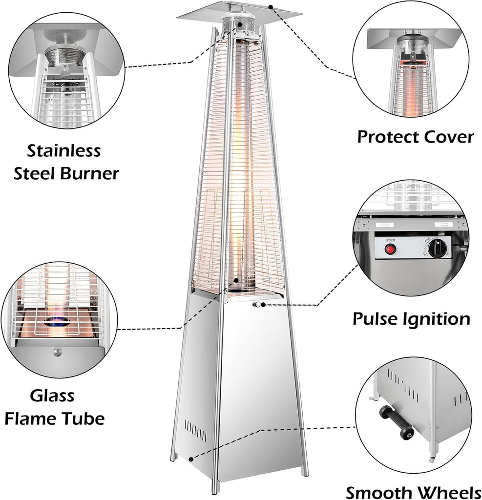 42,000 BTU Pyramid Patio Heater, Outdoor Propane Heater with Quartz Glass Flame Tube, Stainless Steel Patio Heater