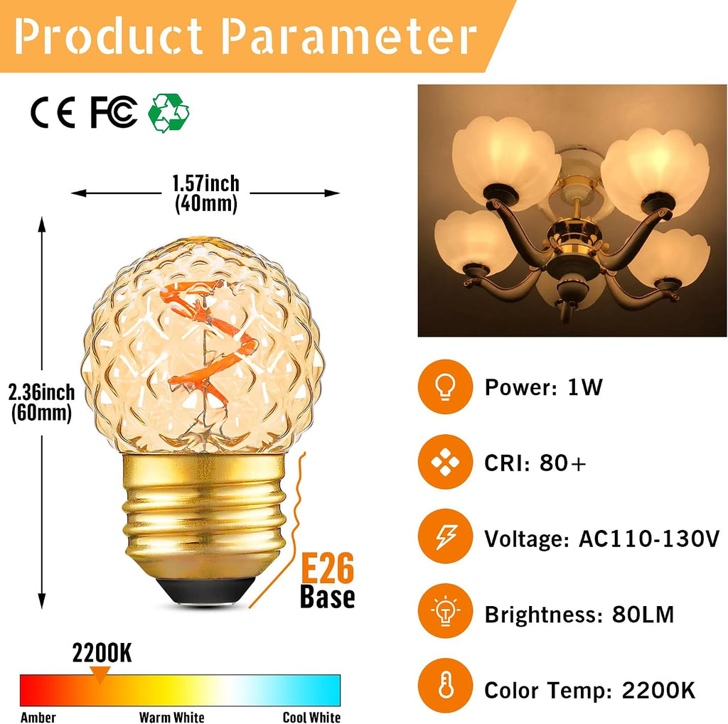 G40 LED Low Watt Light Bulbs Warm Glow E26 Amber 1W 10 Watt Light Bulb