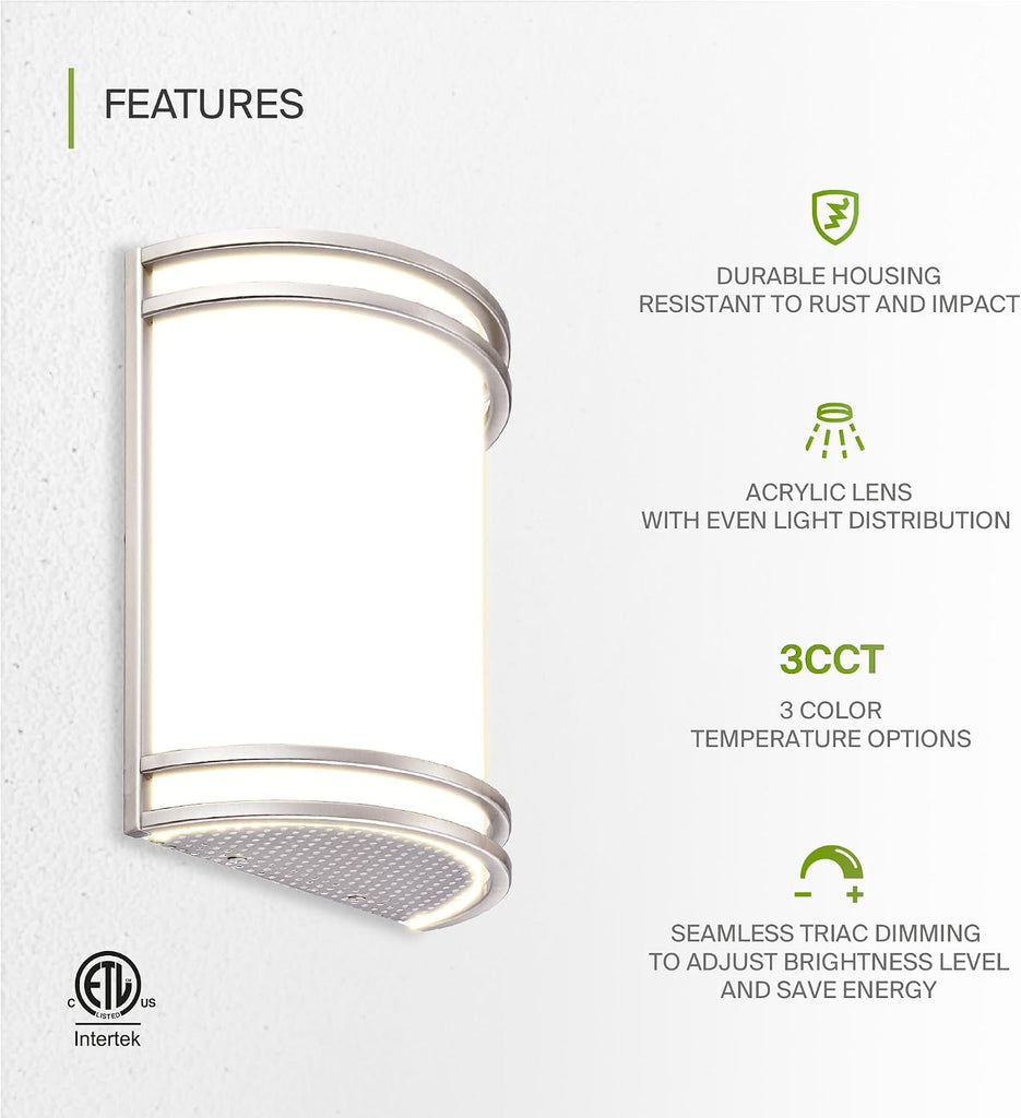 Indoor LED Wall Sconce Lights - 10 Inch 15W Brushed Nickel Modern LED Wall Sconces Hardwired - ETL Dimmable 3000K
