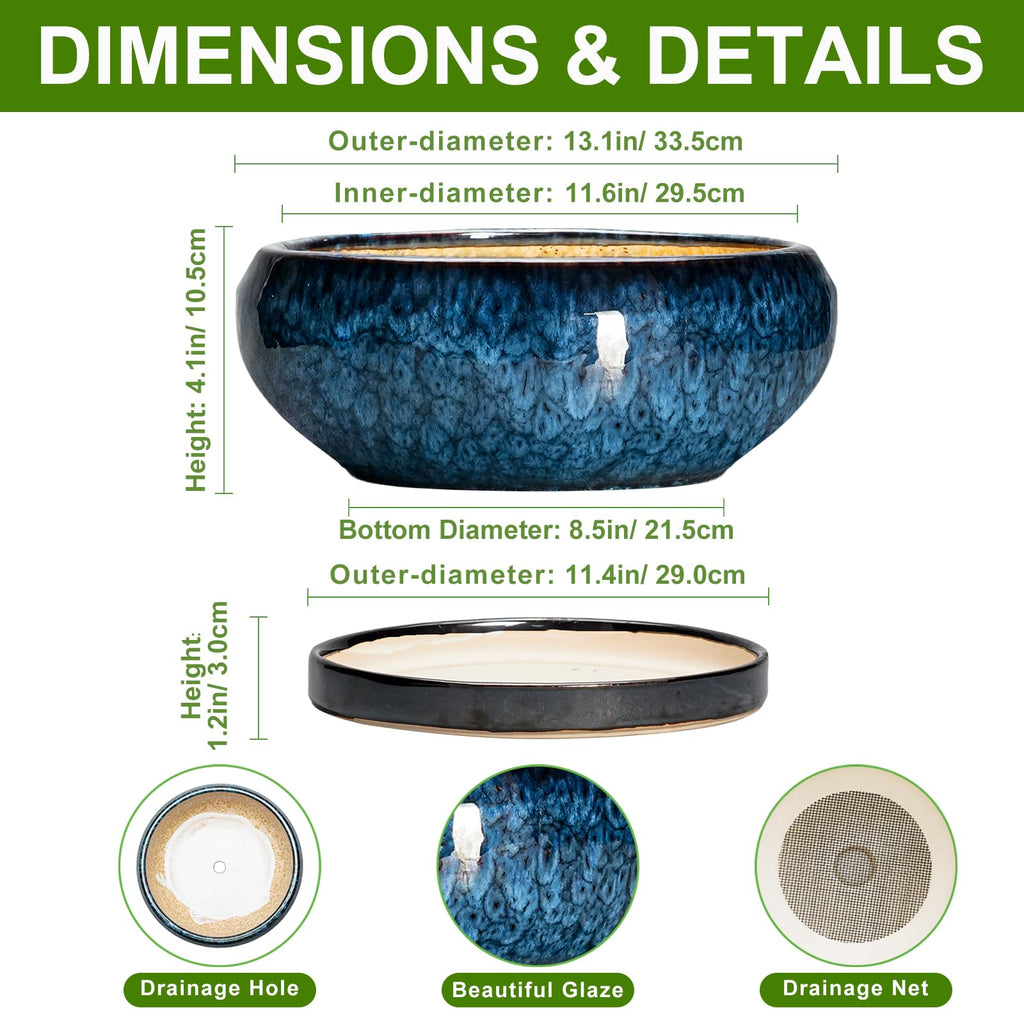 Bonsai Pots - 13 Inch Ceramic Succulent Pots for Indoor Outdoor, Large Succulent Planter with Drainage Hole and