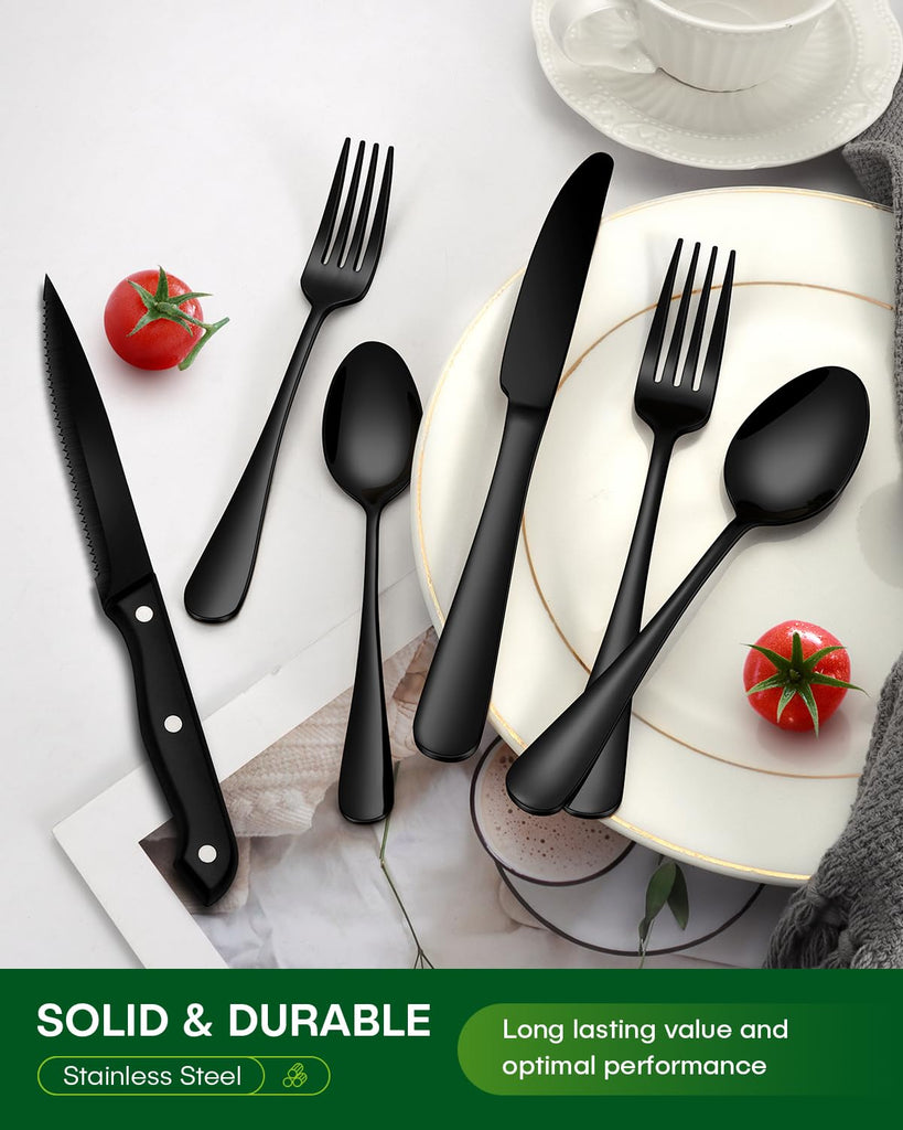 Black Silverware Set, 48-Piece Flatware Set with Steak Knives for 8, Stainless Steel Mirror Cutlery Include Forks