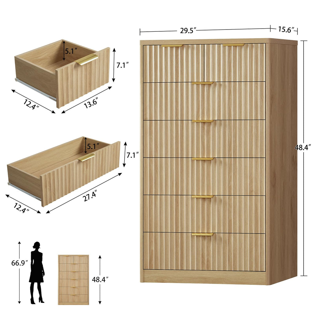Fluted with 7 Drawers, 48" Tall Modern Chest of Drawers with Metal Handle, Wooden TV Stand, Wood Closet Clothes