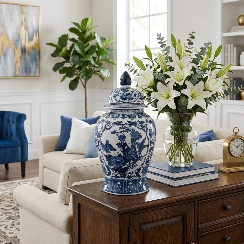 Decorative Chinoiserie Temple Ceramic Jar, 19", Blue