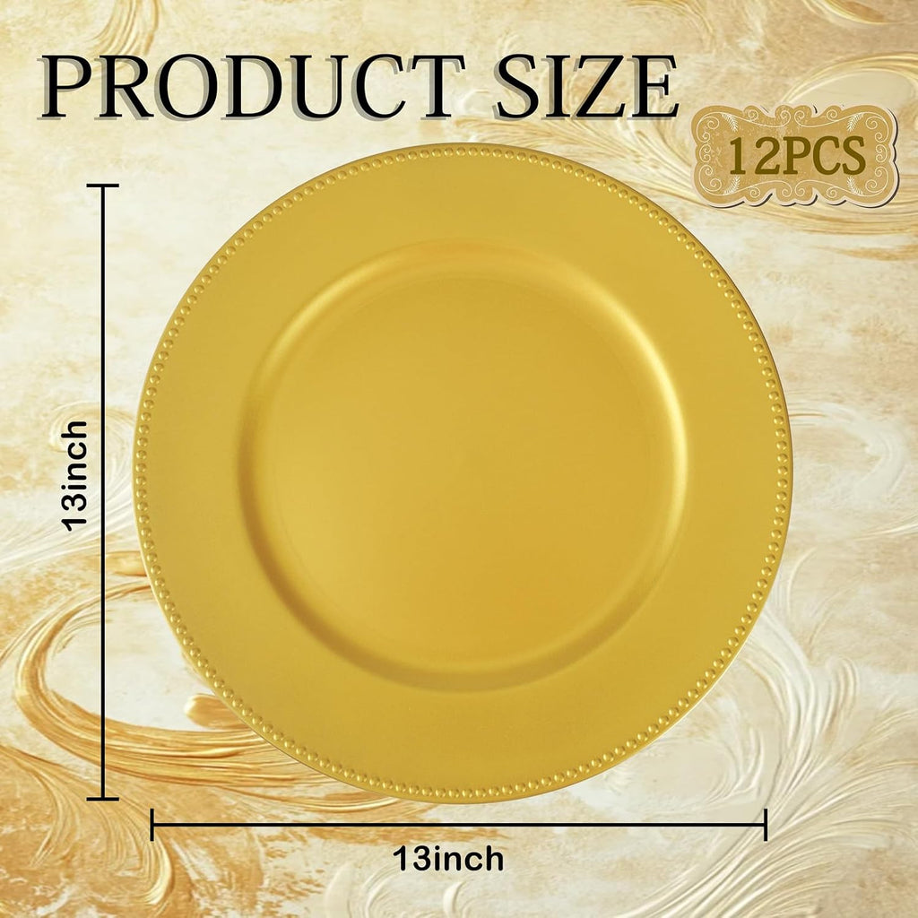 13" Gold Charger Plates, Plastic Chargers for Dinner Plates - Set of 12