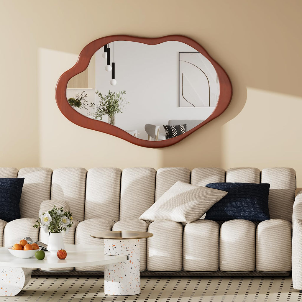 42"x 28" Irregular Wall Mirror, Walnut Wood Framed Wall Mirror, Asymmetrical Wall Wavy Mirror Bedroom Entryway