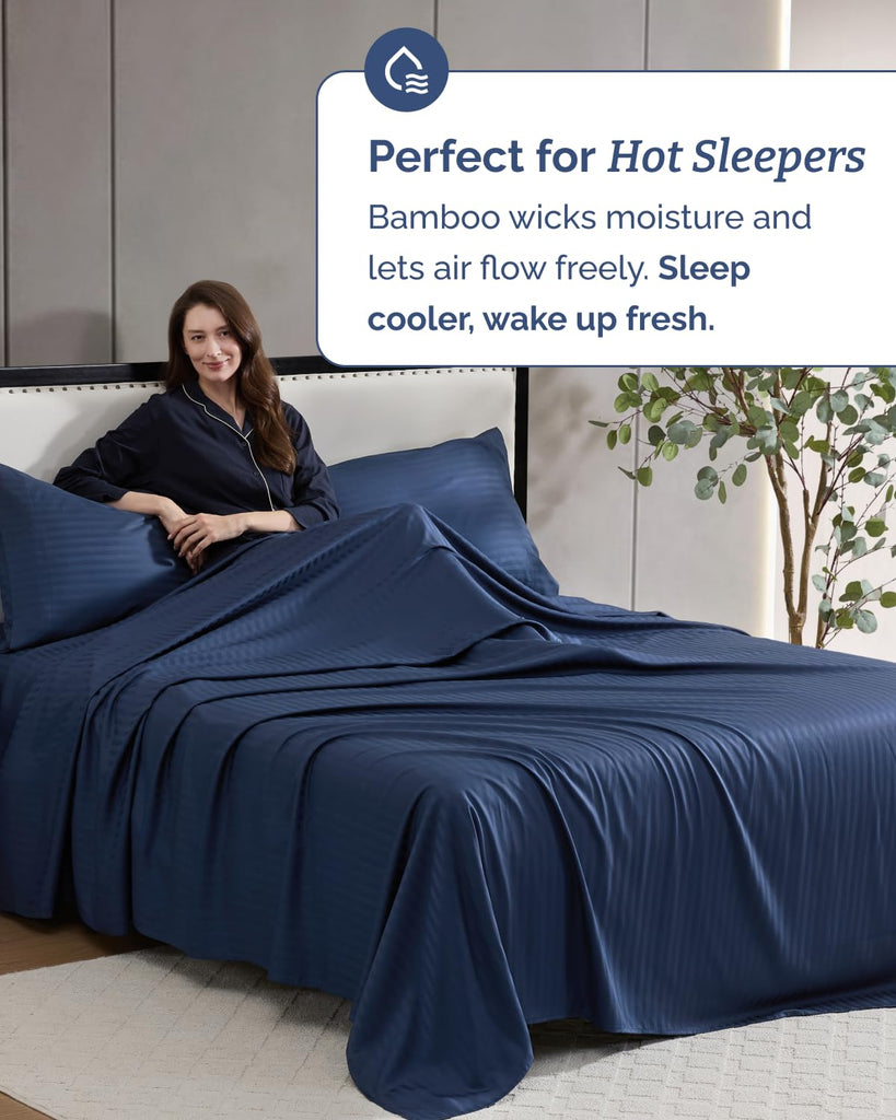 100% Rayon Derived from Bamboo - Bed Sheets Set Queen - Navy Blue Sateen