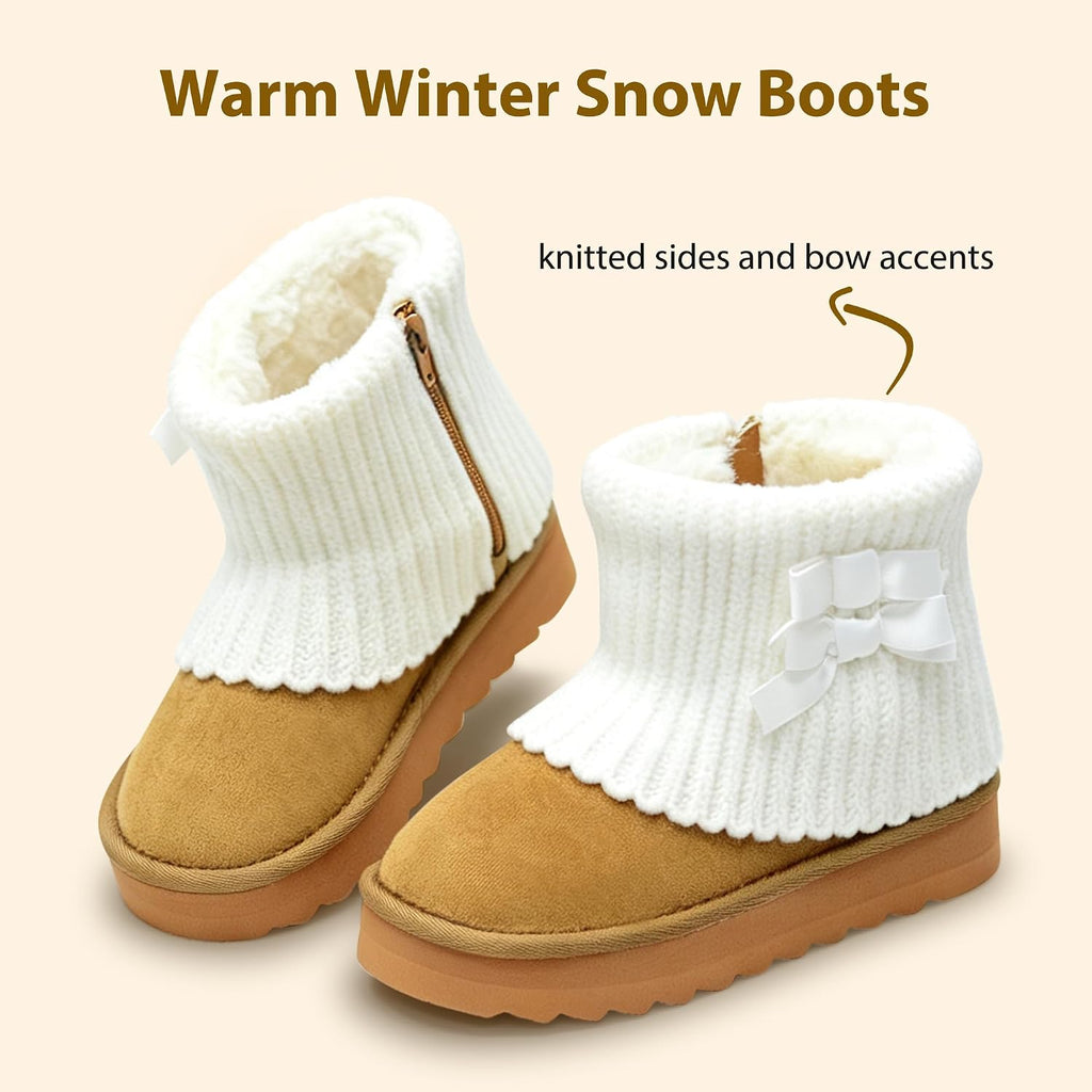 Girls Winter Snow Boots Knit Cuff Ribbon Bow