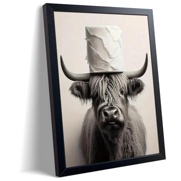 Black and White Bathroom Wall Art, Funny Highland Cow Canvas Poster Print Picture, Modern Farmhouse Wall Decor