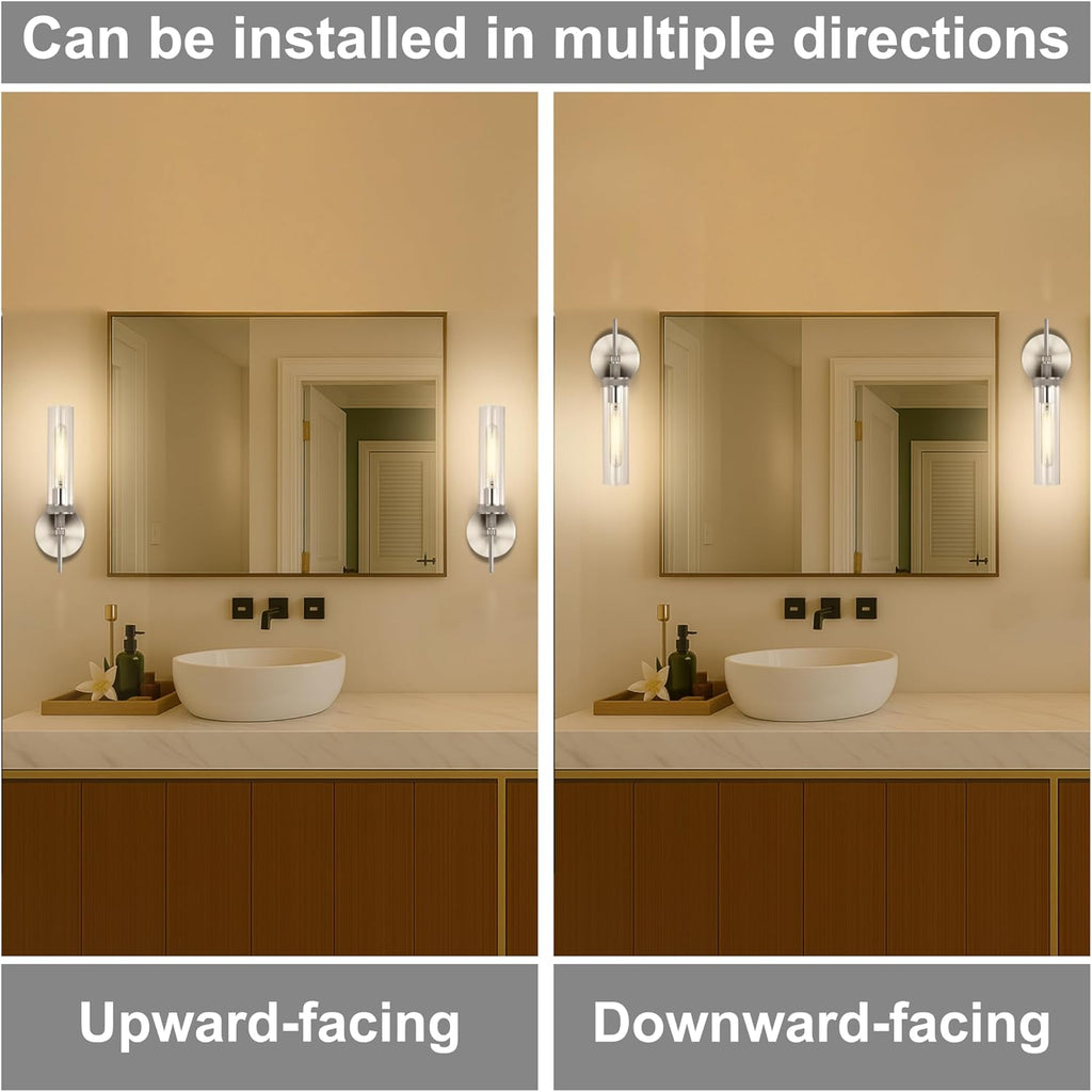 Brushed Nickel Bathroom Vanity Light, Hardwired Wall Sconces Set of 2 with Knurled Texture, Chrome Silver Wall Lamps