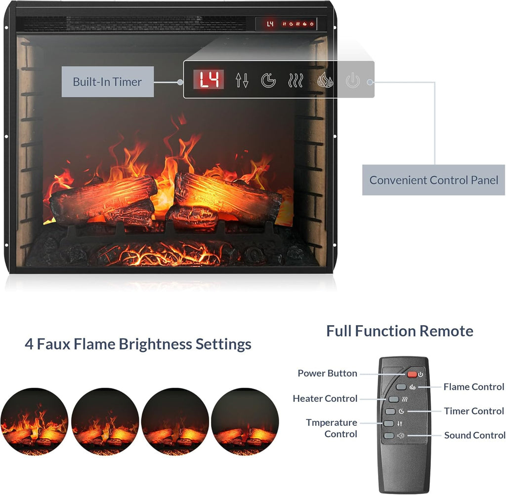 28 Inch Electric Fireplace Heater, 1500W 5000 BTU Indoor Space Heater with Timer, Realistic Log Flame and Crackling Sound for TV Stand or Mantel Use