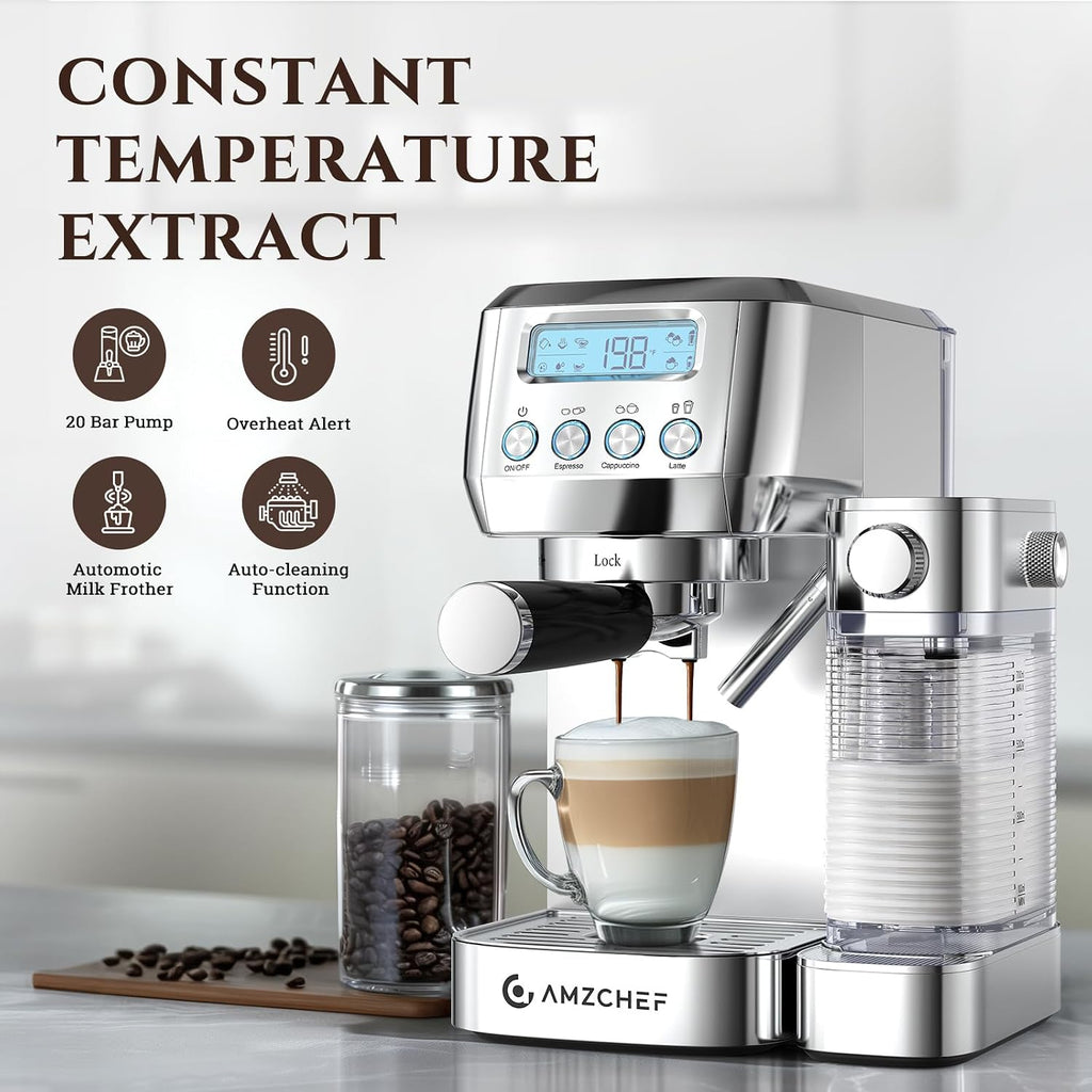 Espresso Machine, Auto Milk Frother, 20 Bar Pressure, Silver | Home Coffee Maker with 61oz Removable Tank & LCD