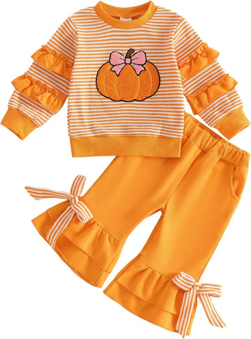 Toddler Baby Girl Valentines Day Outfit Heart Bow Print Ruffle Long Sleeve Sweatshirt Flare Pants 2pcs Clothes Set