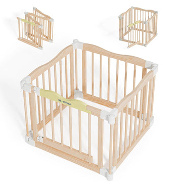 Foldable Wooden Playpen, Natural Pine, 30 x 30 x 24 inches
