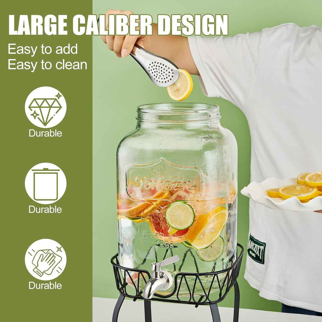 2 Gallon Beverage Dispenser with Stand and Lid, 18/8 Stainless Steel Spigot - Mason Jar Drink Dispensers with Lids