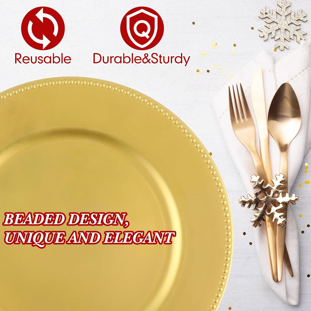 Charger Plates, Gold Plastic Reusable Dinner Charger Plates, 13'' Round Vintage Table Decoration, for Wedding - Set of 100