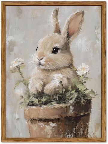Framed Vintage Easter Bunny Wall Art, Cute Cottagecore Rabbit Floral Pictures Wall Decor, Spring Farmhouse Animal