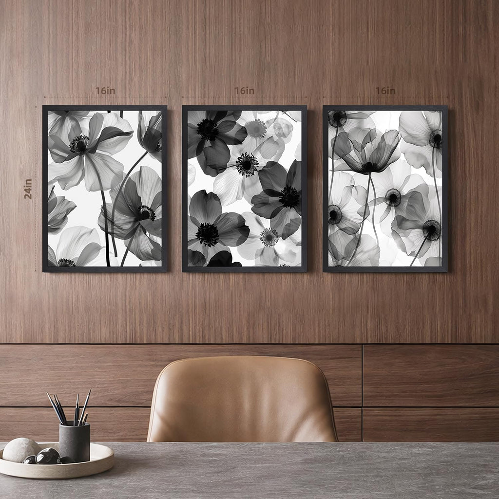 Black and White Floral Wall Art Set of 3, Neutral Minimalist Bathroom Decor, Modern Flower Canvas Prints, Elegant