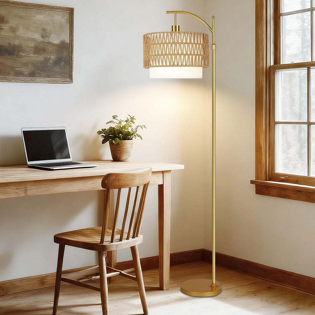 Boho Floor Lamps Rattan Arc Floor lamp with Remote Control & 3 Color Temperatures, Vintage Wood Mid Century Modern
