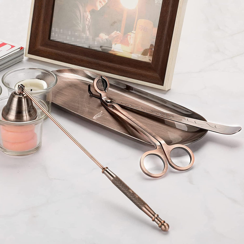 4 in 1 Candle Wick Trimmer Set Red Bronze Candle Accessory Set with Tray Candle Snuffer Wick Cutter Candle Care Tools