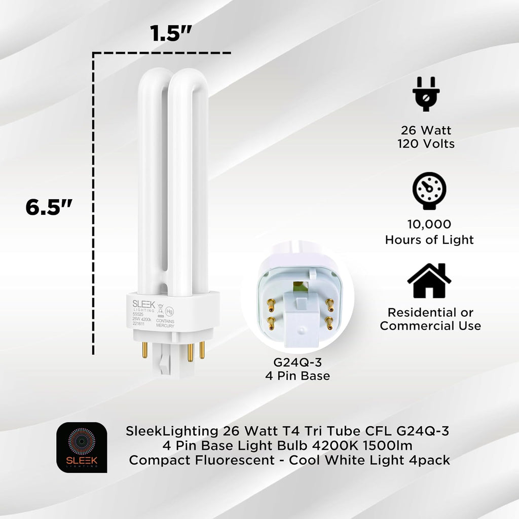 26 Watt T4 Double Tube CFL 4 pin G24q-3 Base Light Bulb 4200K 1500lm -UL Listed,Compact Fluorescent -Cool White Light
