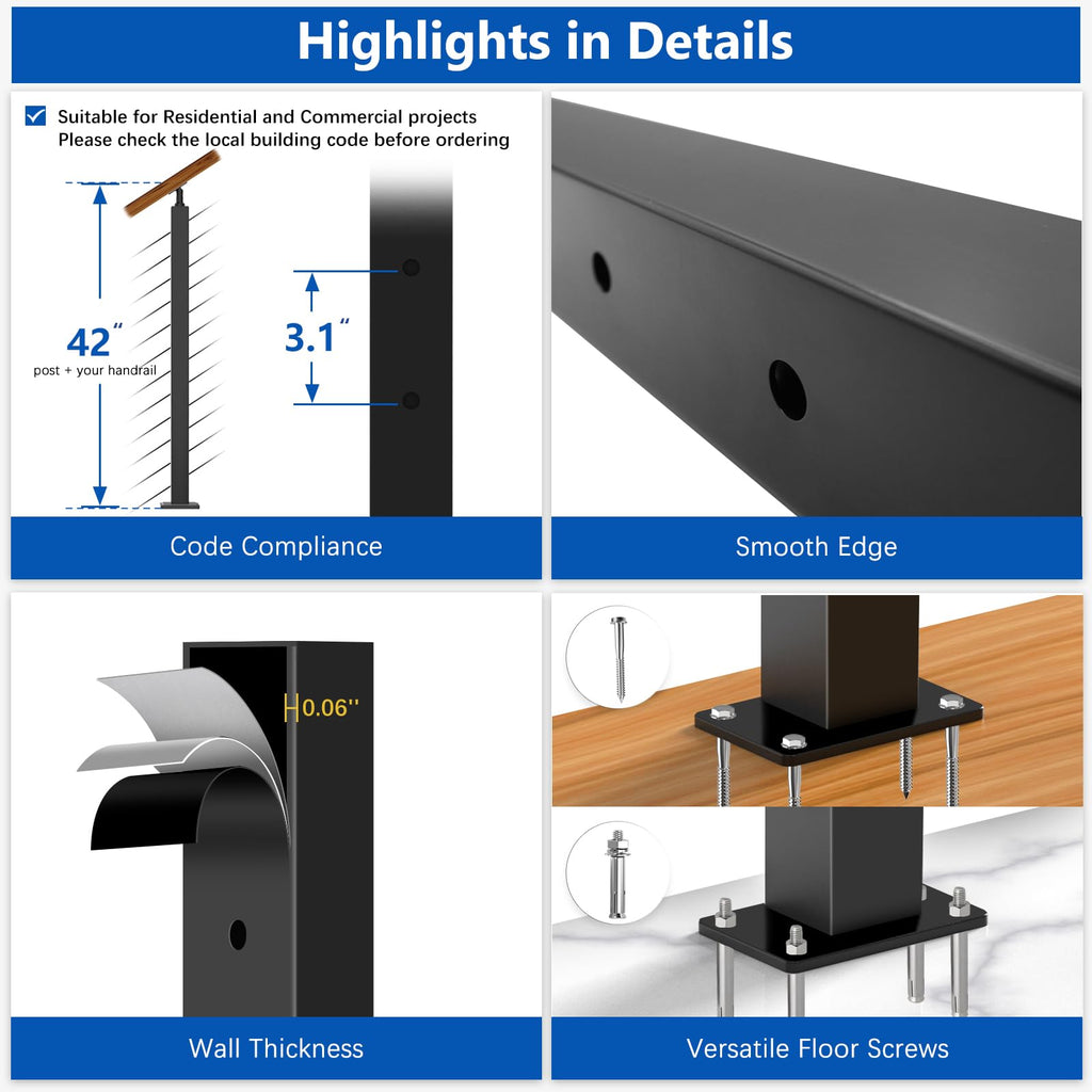 42" Modular Cable Railing Stair Post for Deck Porch, Surface Mount