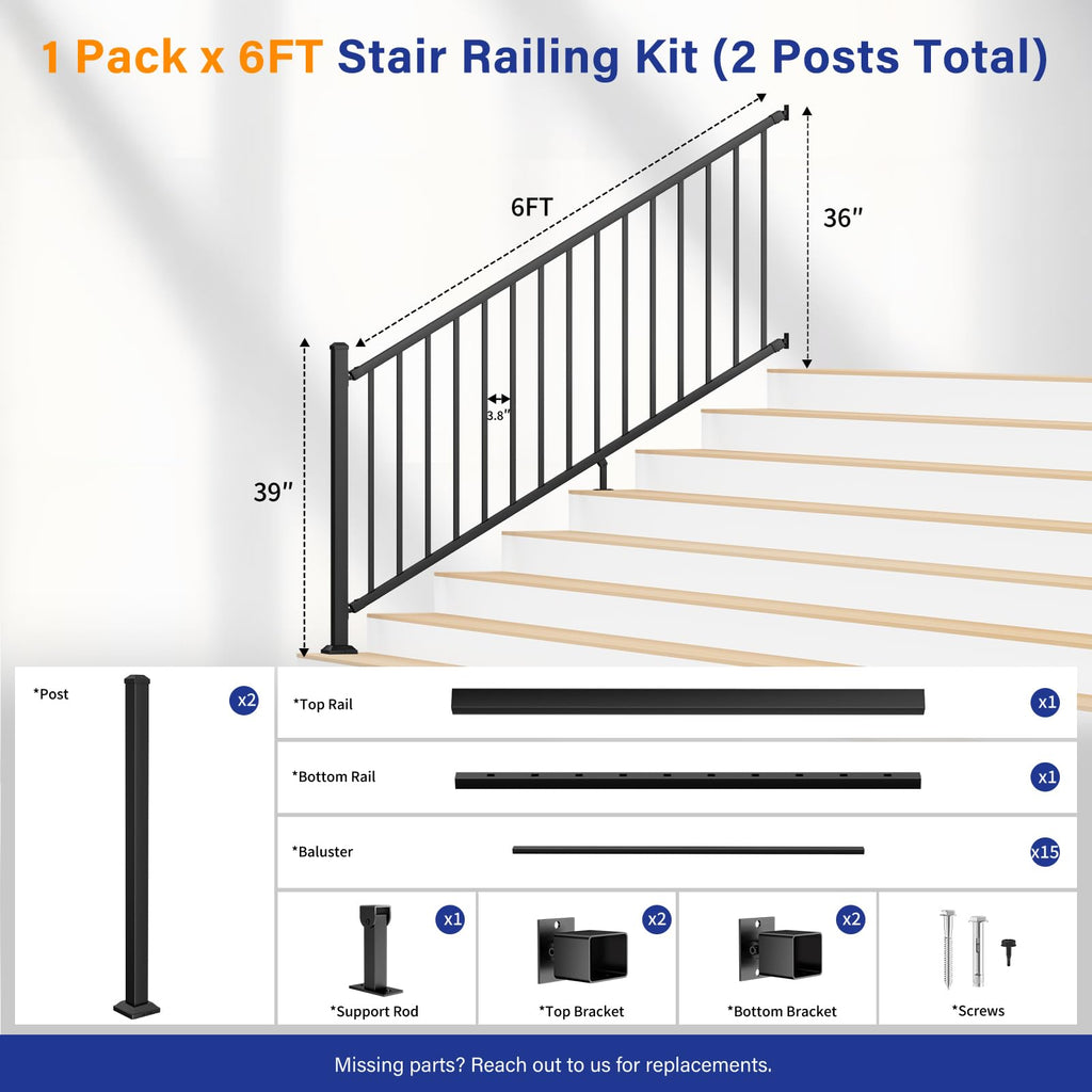 36in x 6ft Modular Aluminum Stair Railing Kit, Patented Clip-On
