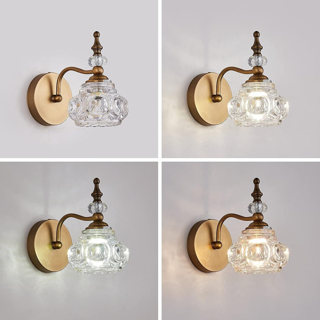 Vintage Wall Sconces, 1-Light Wall Lighting with Crystal Glass Shade, Matte Brushed Antique Brass Finish, Crystal