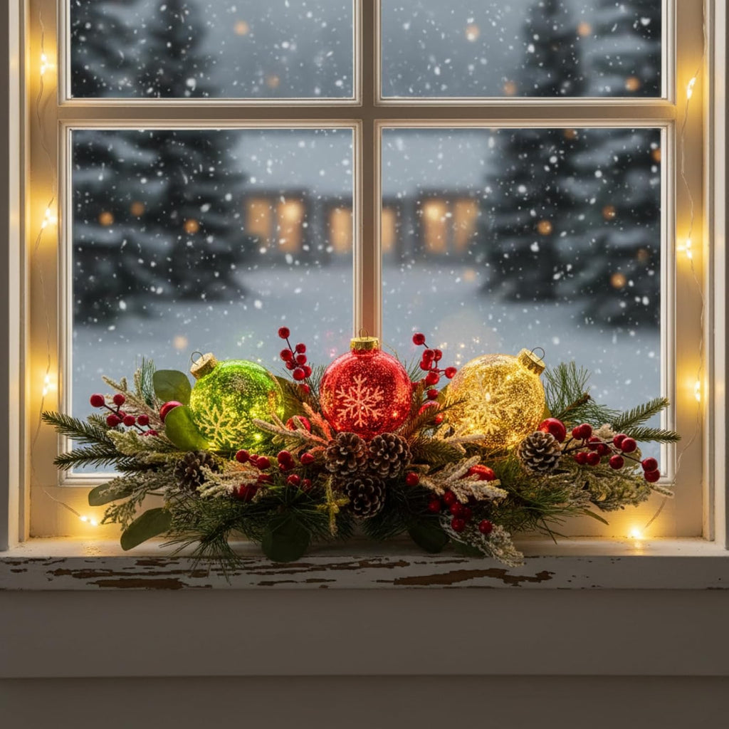 Lighted Christmas Centerpiece with 3 Snowflake Ball Ornaments