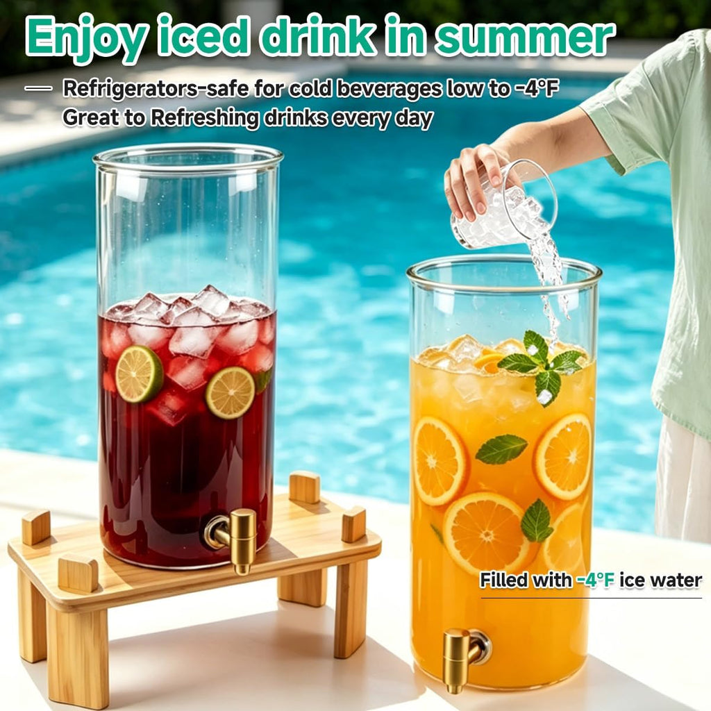 Gallon (4 gallon) Beverage Dispenser With Bamboo Wood Stand,Large Glass Drink Dispenser for Parties,Large - Set of 2