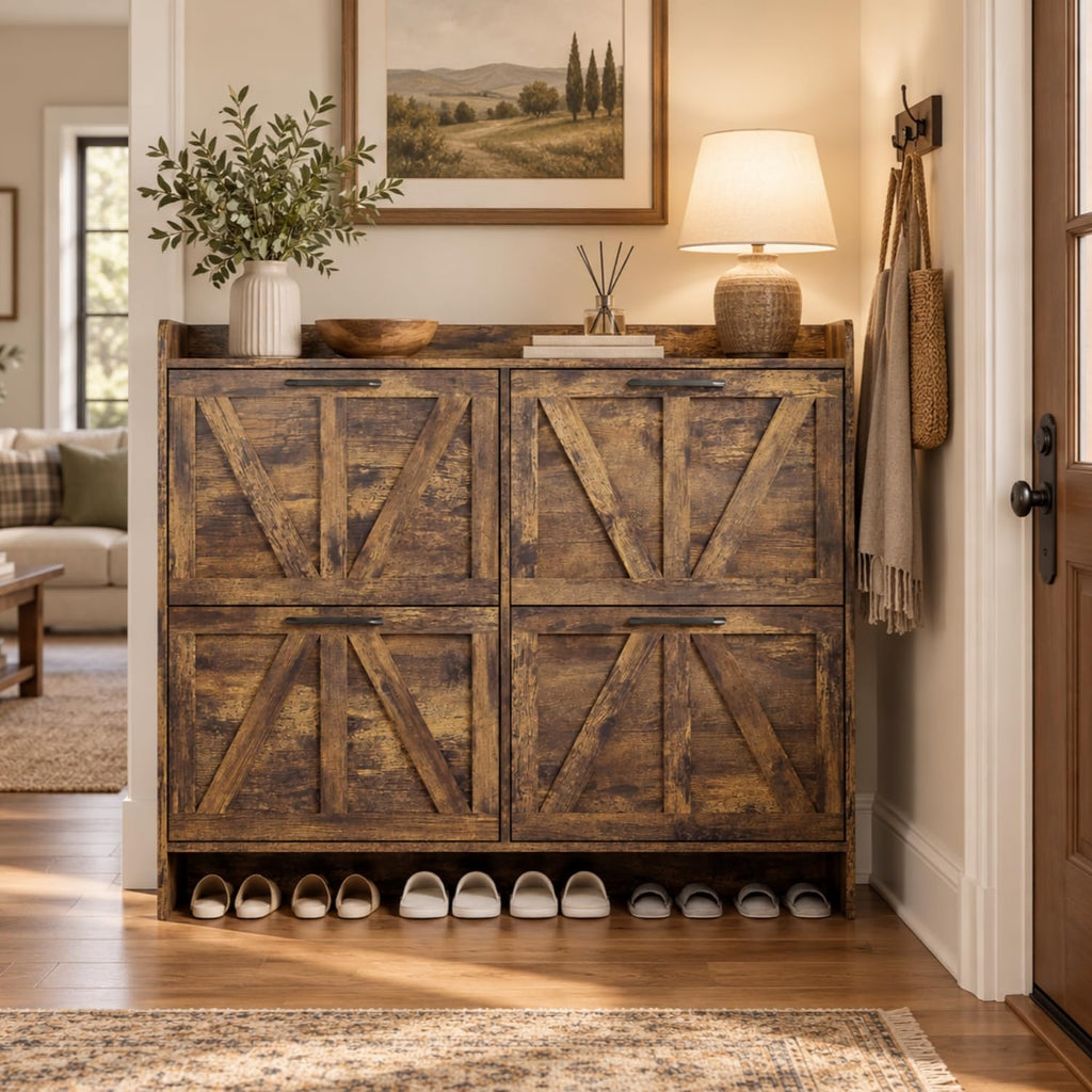 Farmhouse Shoe Storage Cabinet with 4 Flip Drawers, Rustic Brown