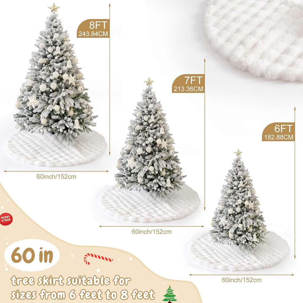 60 in White Faux Fur Christmas Tree Skirt, 3D Quilted Plush Snow Tree Skirt