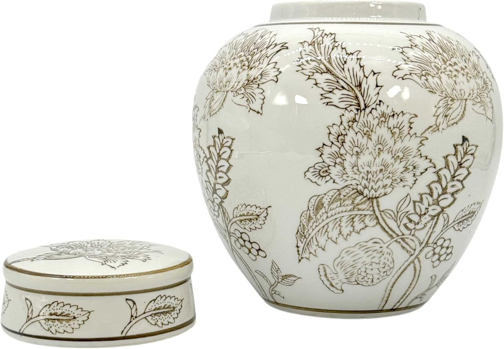 White & Brown Flower Chinoiserie Round Ginger Jar 10" with Lid - Ginger Jar, Decorative, Home Decor Jar