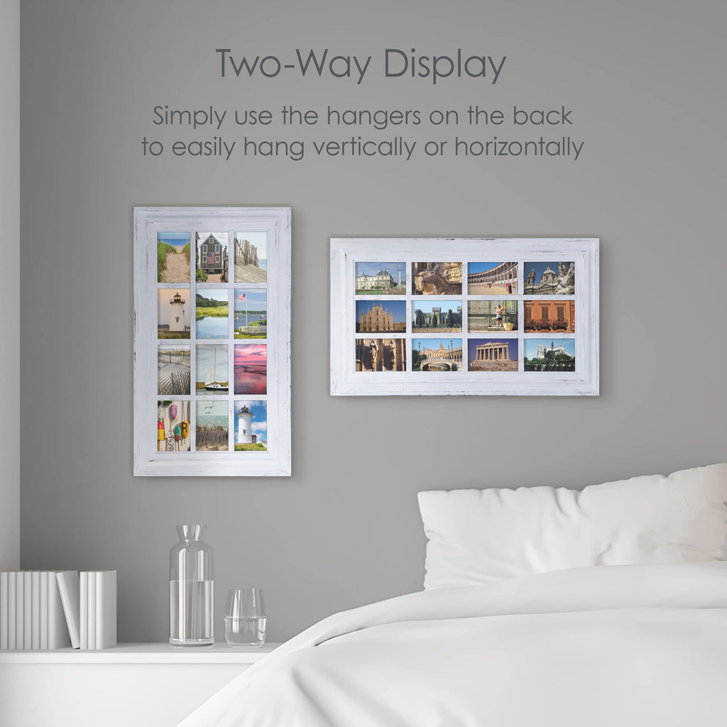 Collage Picture Frame for Wall, Holds 12 4x6 Photos, Distressed White Wood and Glass, Horizontal or Vertical Hanging