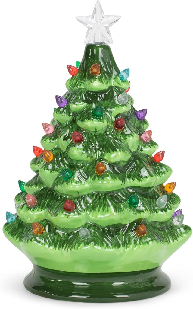 Vintage Green Lighted Ceramic Christmas Tree with Timer 8 Inch